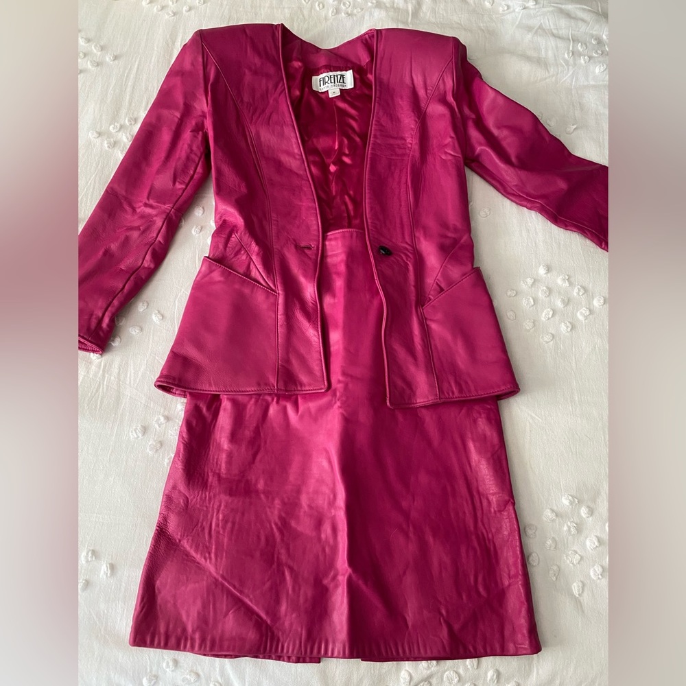 Firenze hot pink genuine leather skirt and jacket set.
